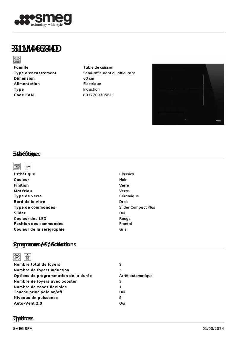Page n°1 - Fiche technique Smeg SI1M4634D