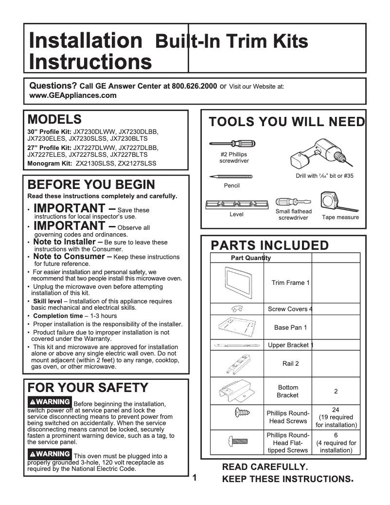 Page n°1 - Guide d'installation GE Profile PEB7227SLSS