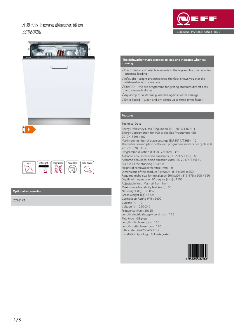 Page n°1 - Fiche technique Neff S511A50X0G
