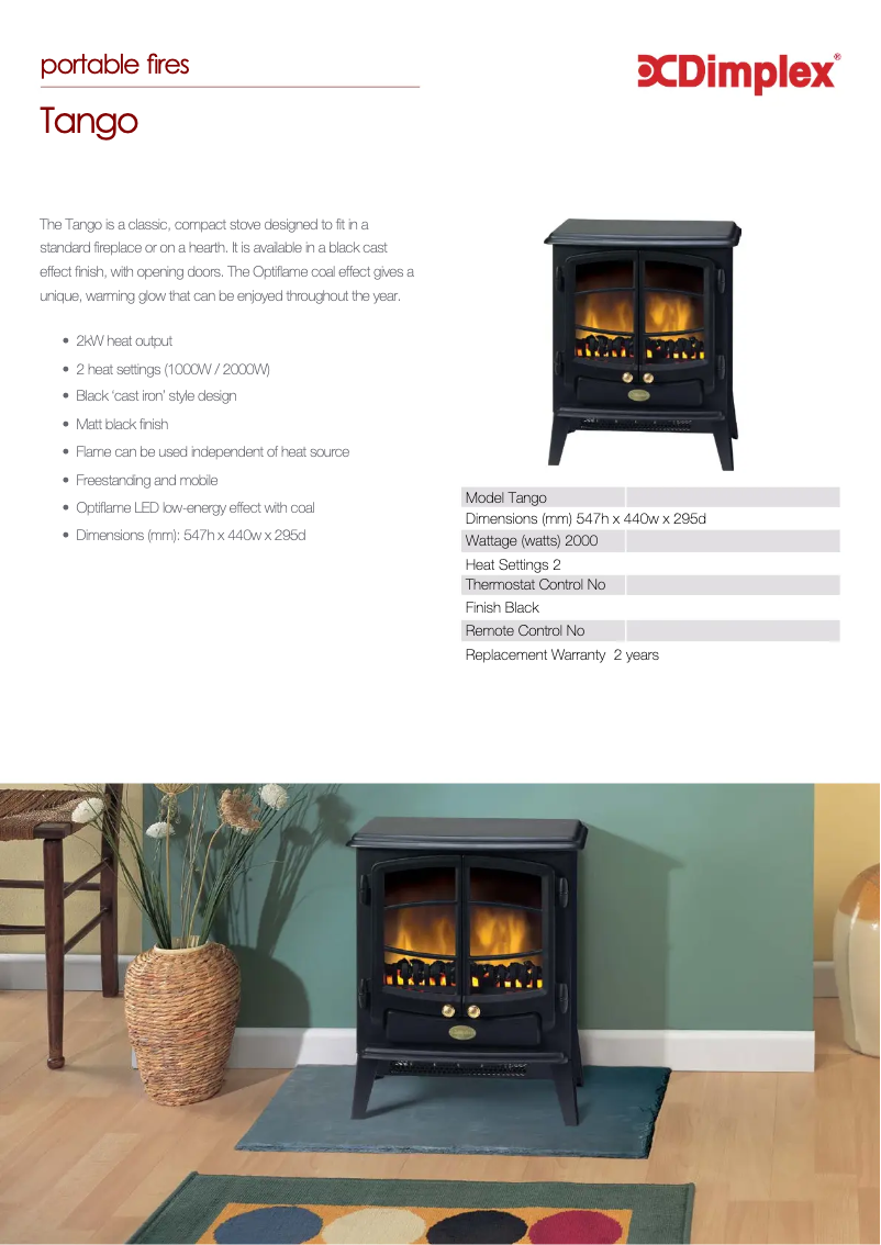 Page 1 de la notice Fiche technique Dimplex Tango