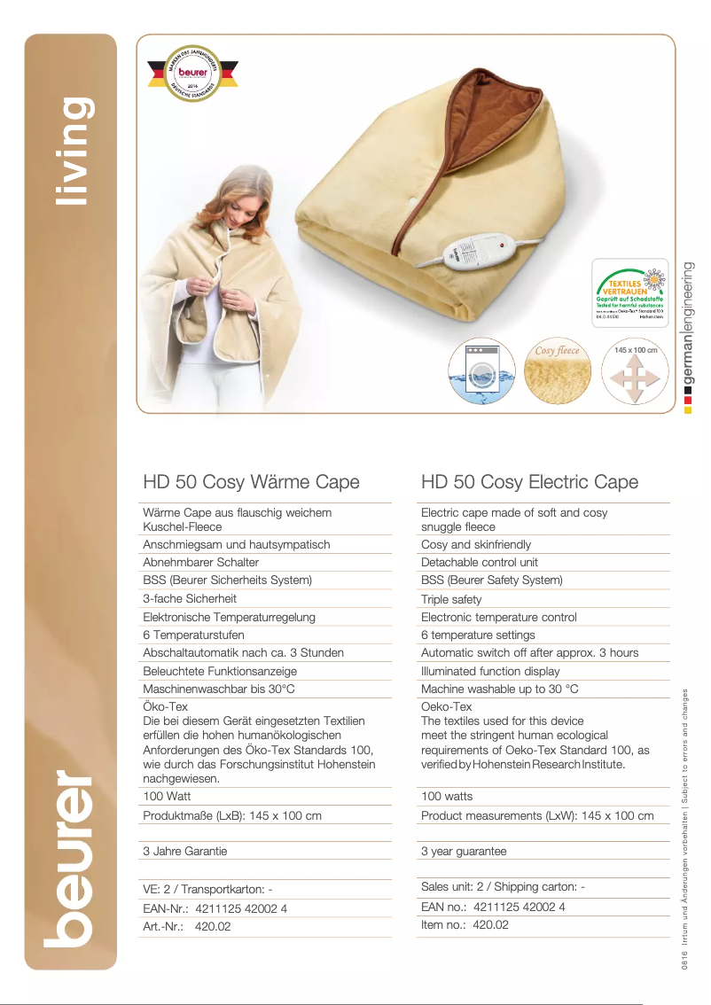 Page 1 de la notice Fiche technique Beurer HD 50 Cosy