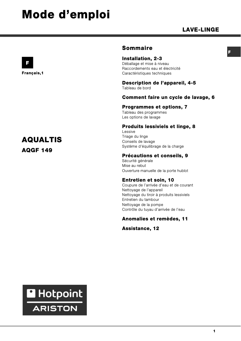 Page 1 de la notice Manuel utilisateur Hotpoint Ariston Aqualtis QGF 149