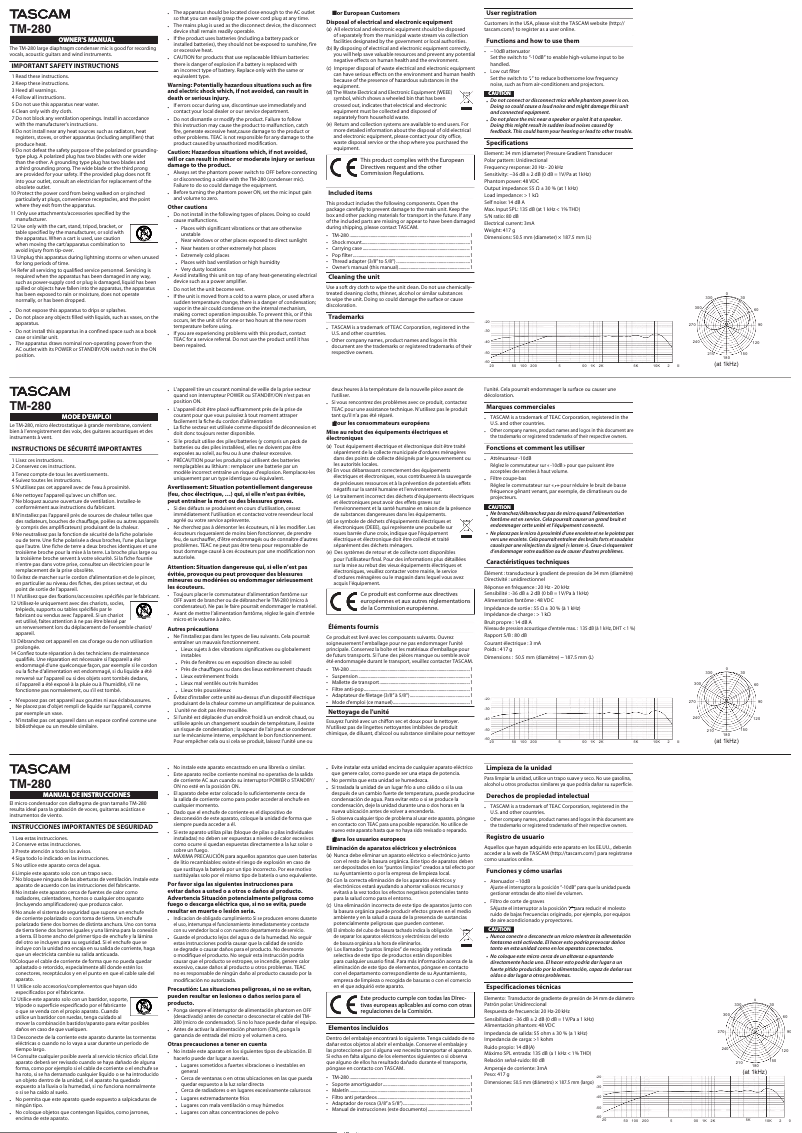 Page 1 de la notice Manuel utilisateur Tascam TM-280