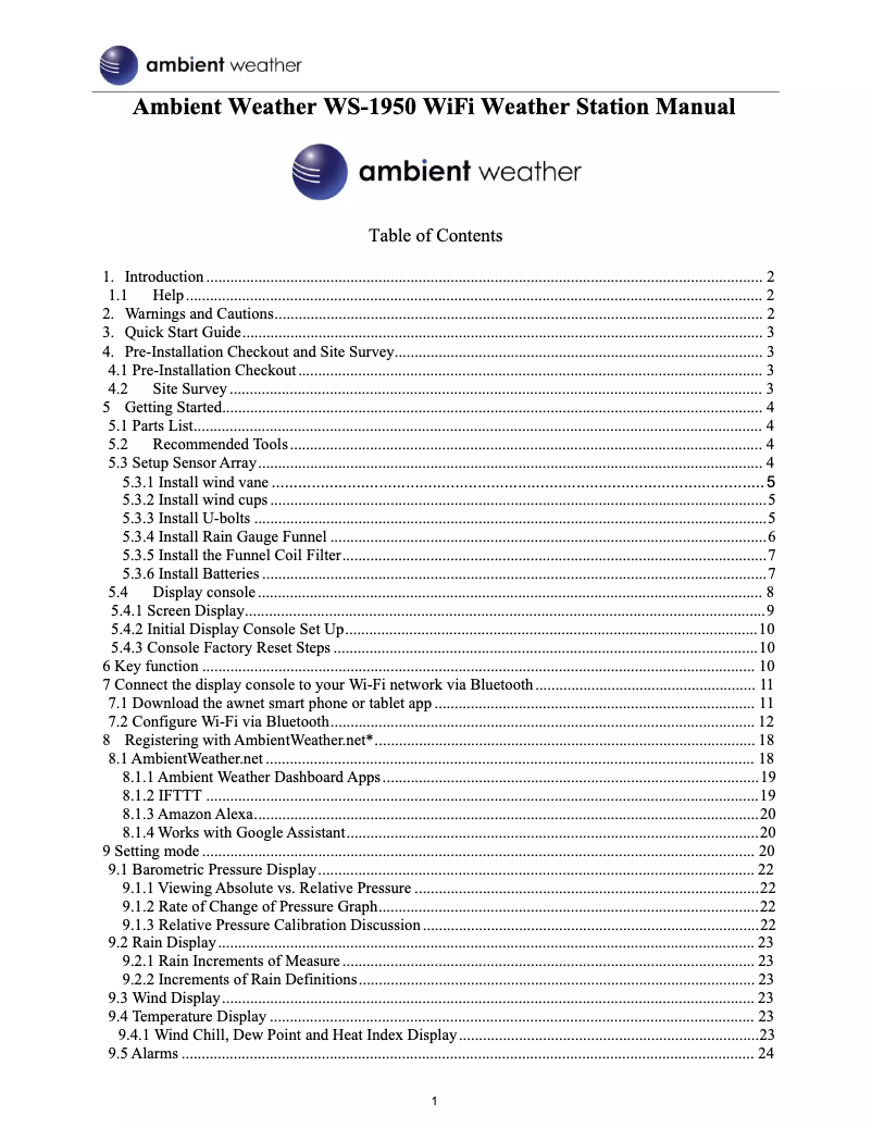 Page 1 de la notice Manuel utilisateur Ambient Weather WS-1950