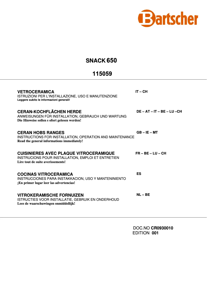 Page 1 de la notice Manuel utilisateur Bartscher 115059