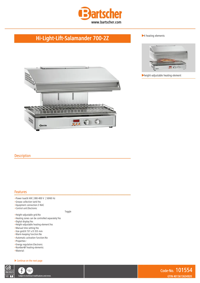 Page n°1 - Fiche technique Bartscher 700-2Z