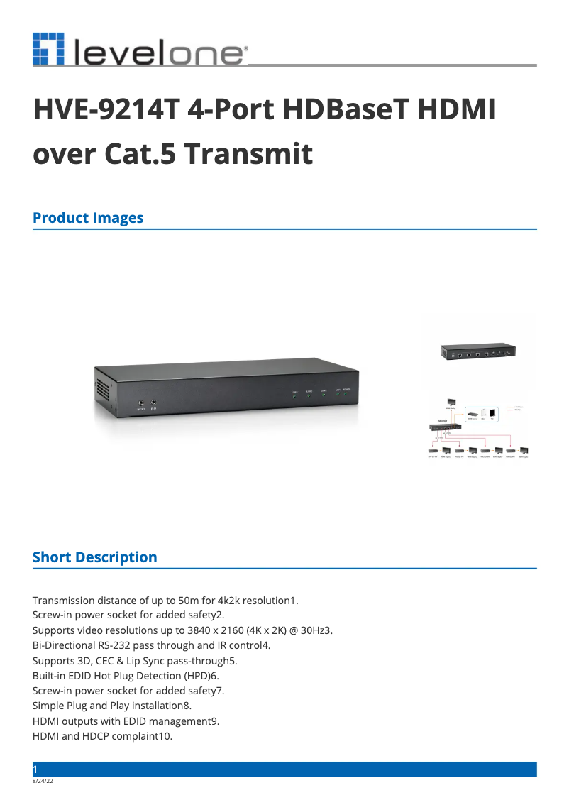 Page n°1 - Fiche technique LevelOne HVE-9214T