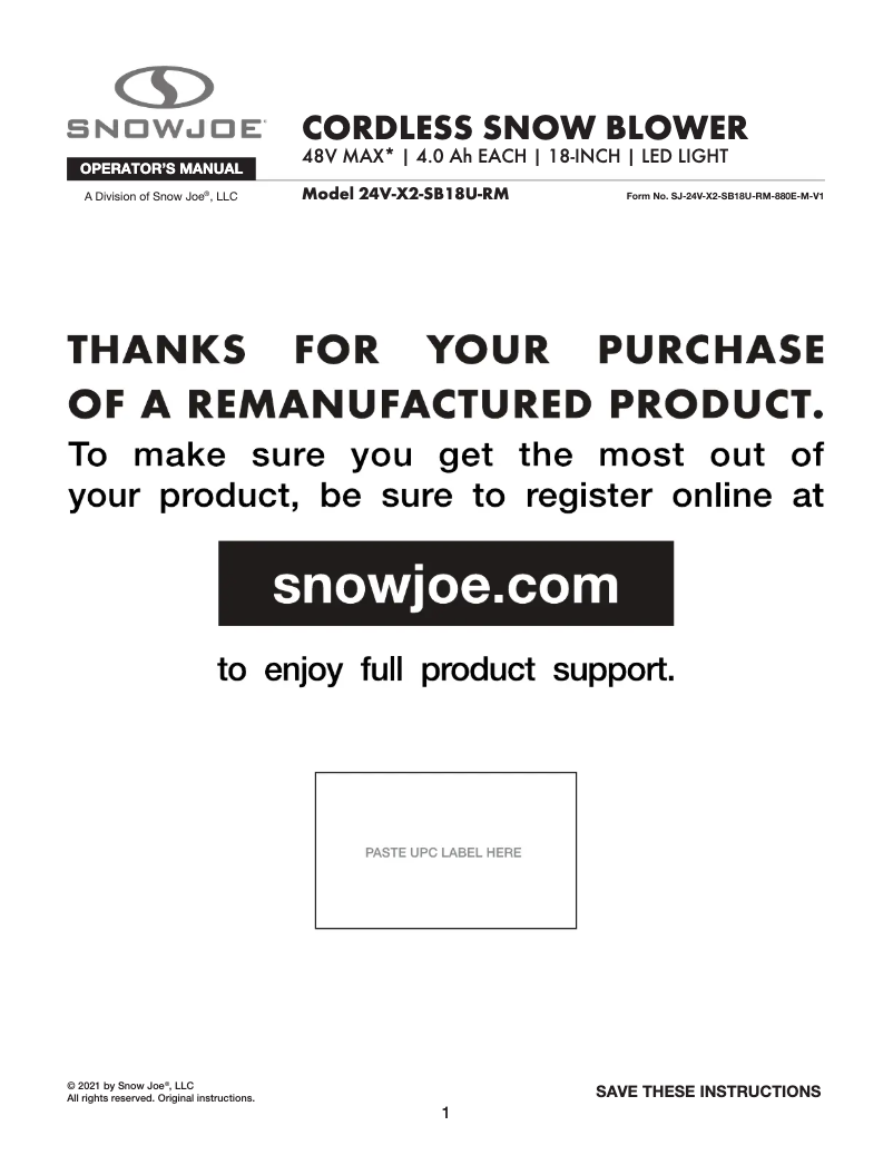 Page 1 de la notice Manuel utilisateur Snow Joe 24V-X2-SB18U-RM