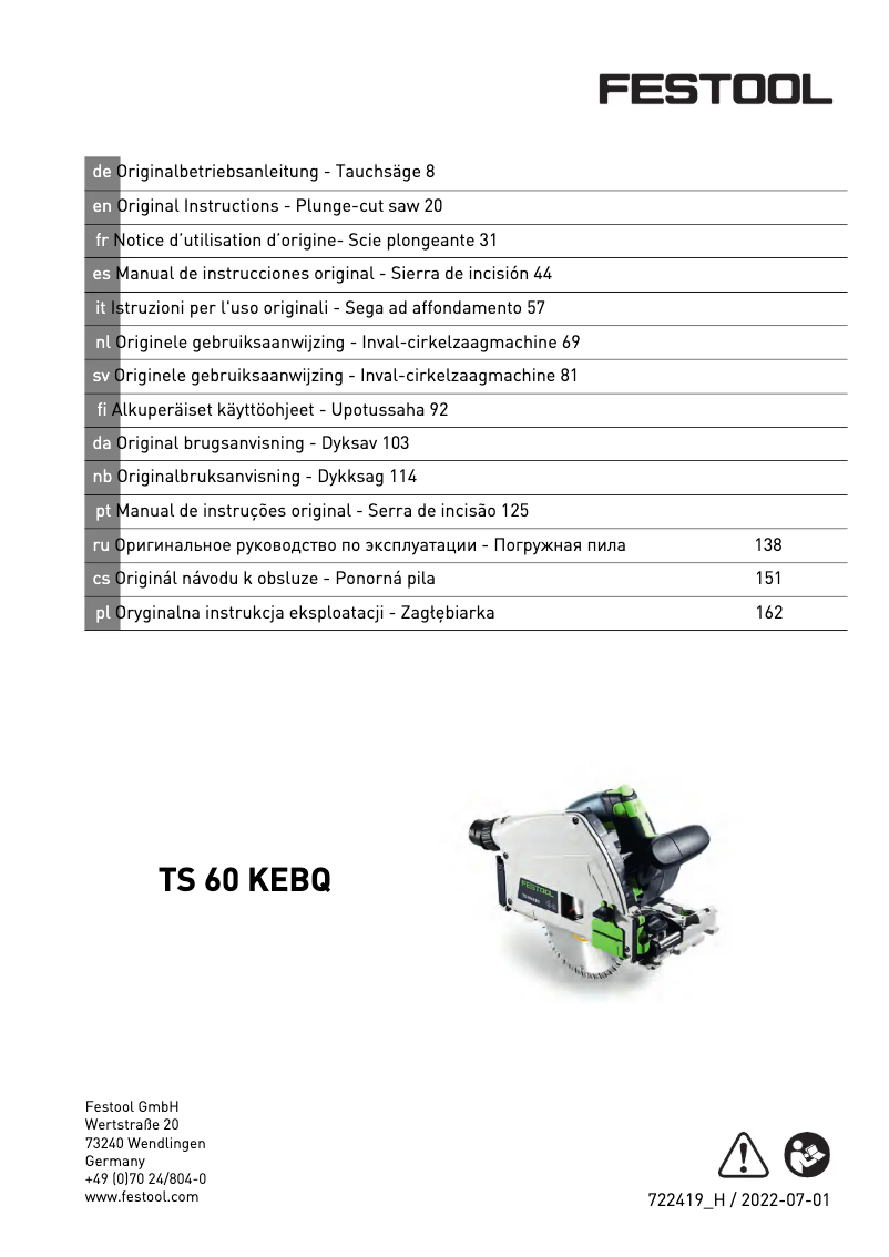 Page n°1 - Manuel utilisateur Festool TS 60 K