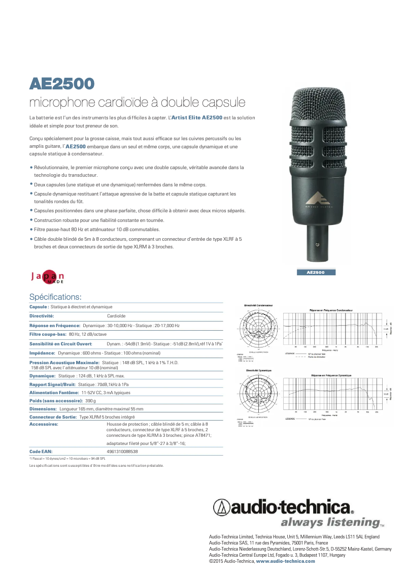 Page 1 de la notice Fiche technique Audio-Technica AE2500