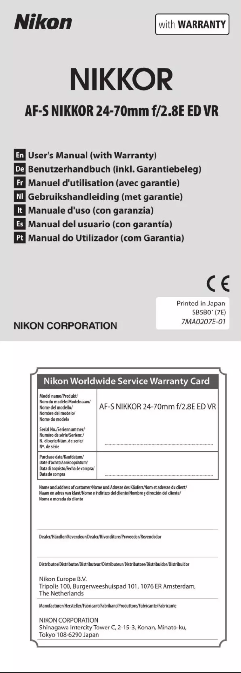 Page 1 de la notice Manuel utilisateur Nikon AF-S NIKKOR 24–70mm f/2.8E ED VR