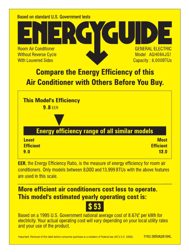 Page 1 de la notice Label énergétique GE AGH08AJ