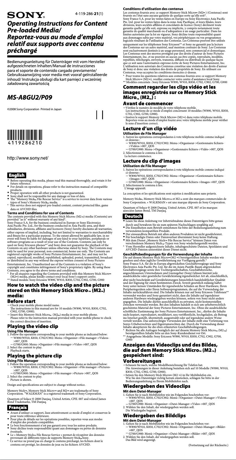 Page 1 de la notice Manuel utilisateur Sony MS-A8G