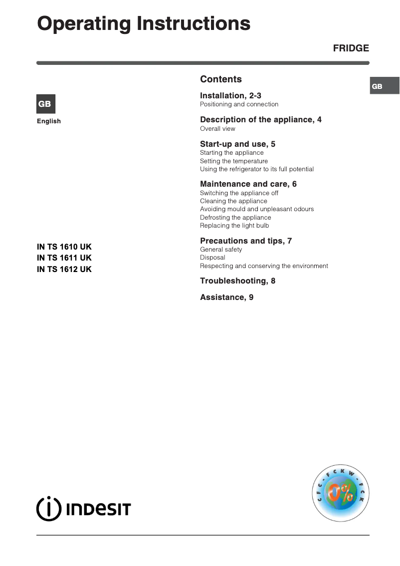 Page n°1 - Manuel utilisateur Indesit INE 225