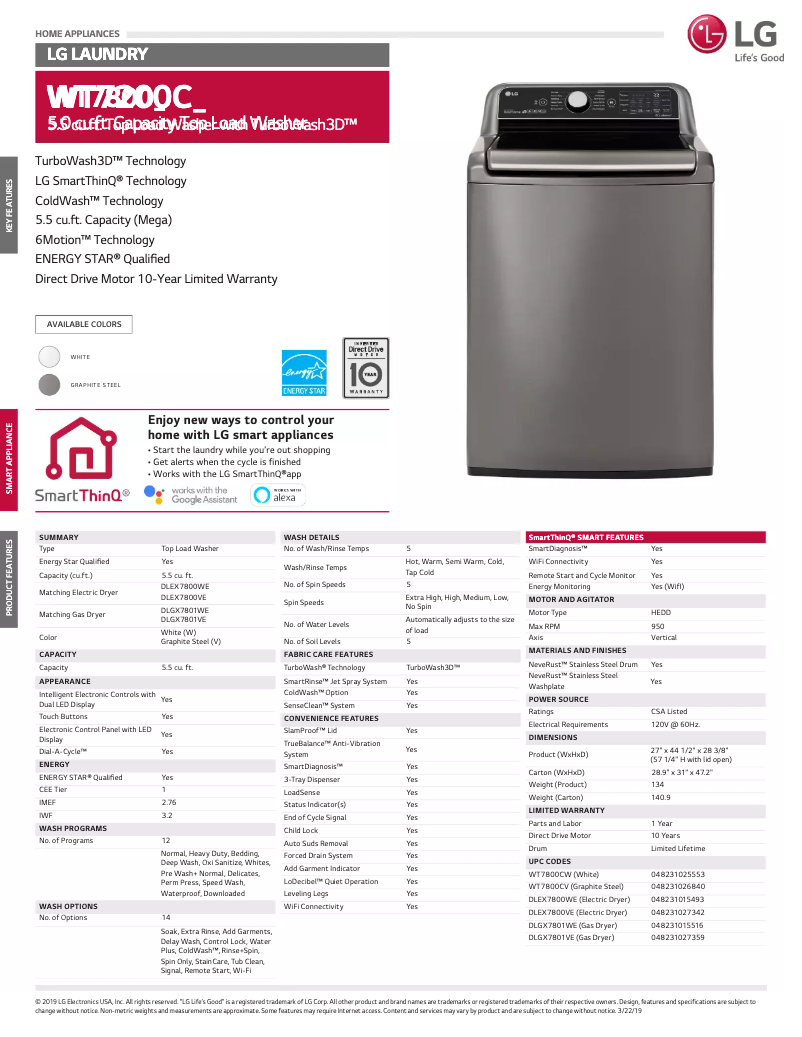 Page 1 de la notice Fiche technique LG WT7800CV