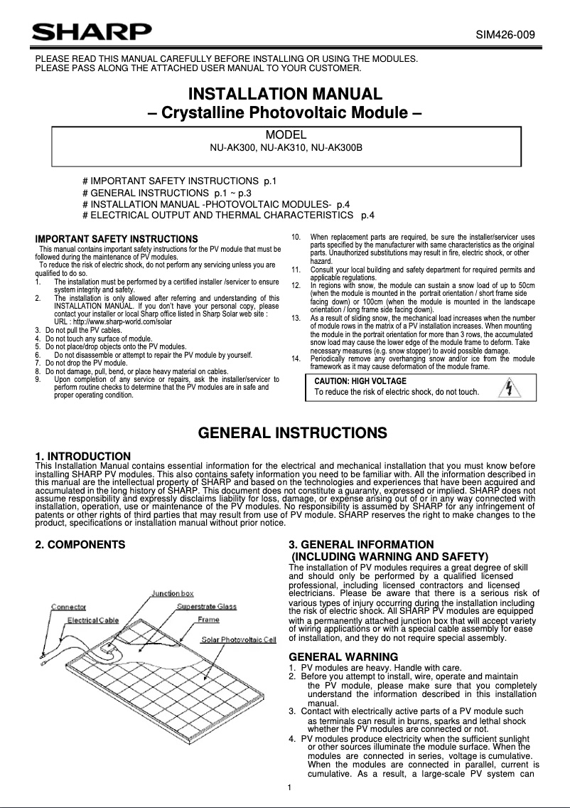 Page 1 de la notice Manuel utilisateur Sharp NU-AK300