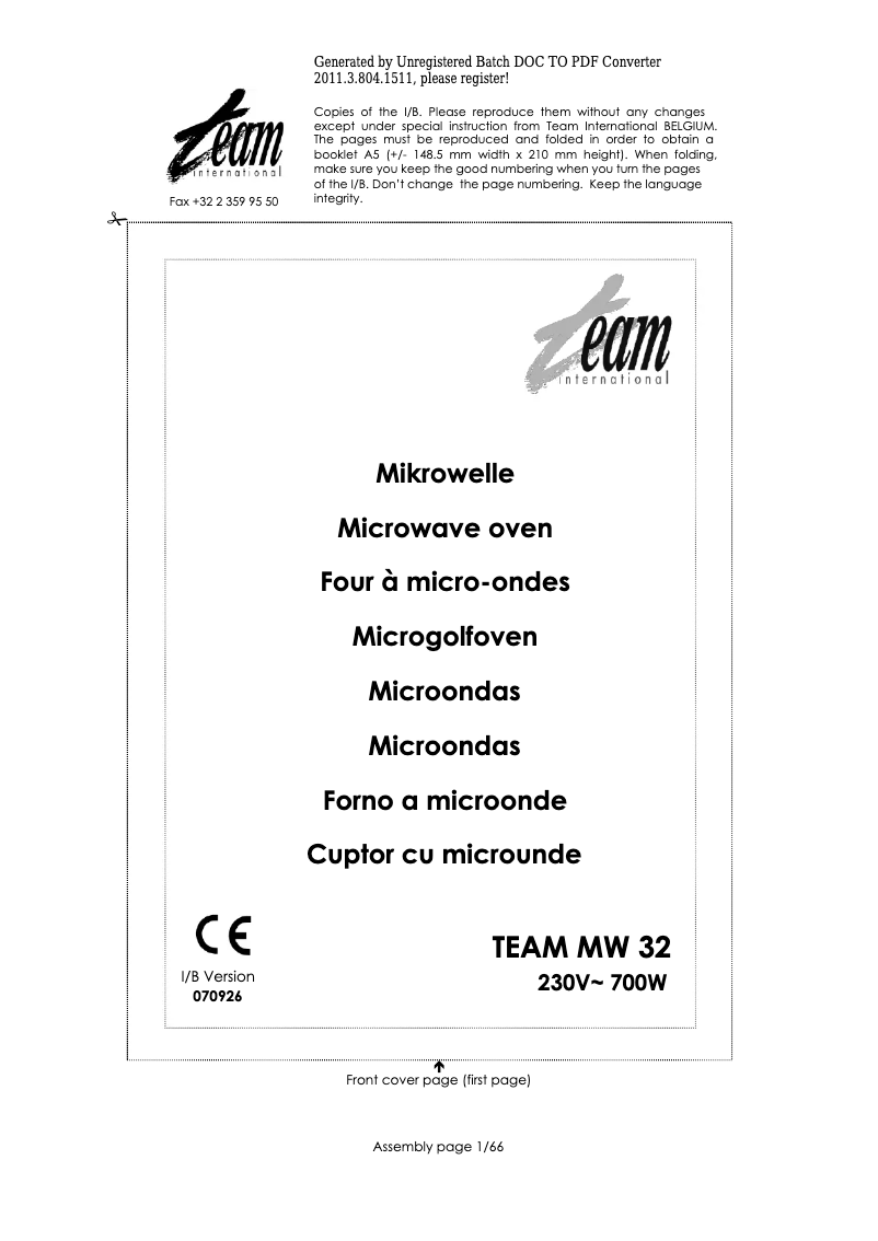 Image de la première page du manuel de l'appareil MW 32