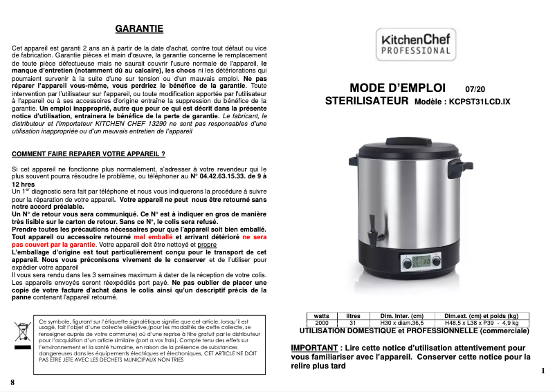 Page 1 de la notice Manuel utilisateur Kitchen Chef KCPST31LCD.IX