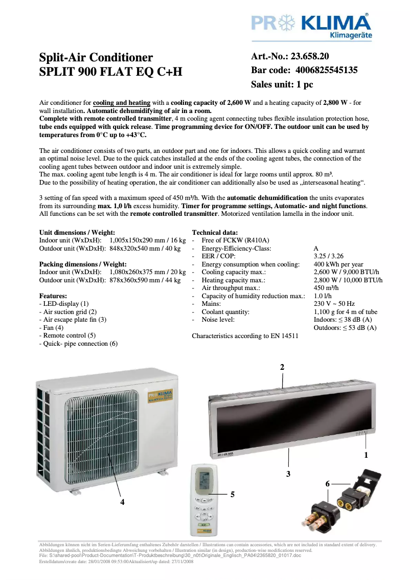 Page n°1 - Manuel utilisateur Proklima Split 900 Flat EQ C+H