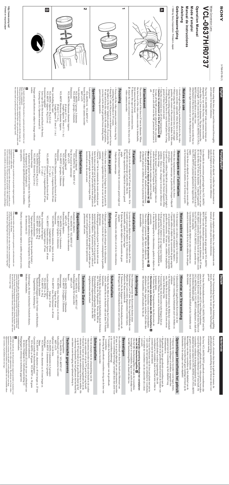 Page 1 de la notice Manuel utilisateur Sony VCL-0637H