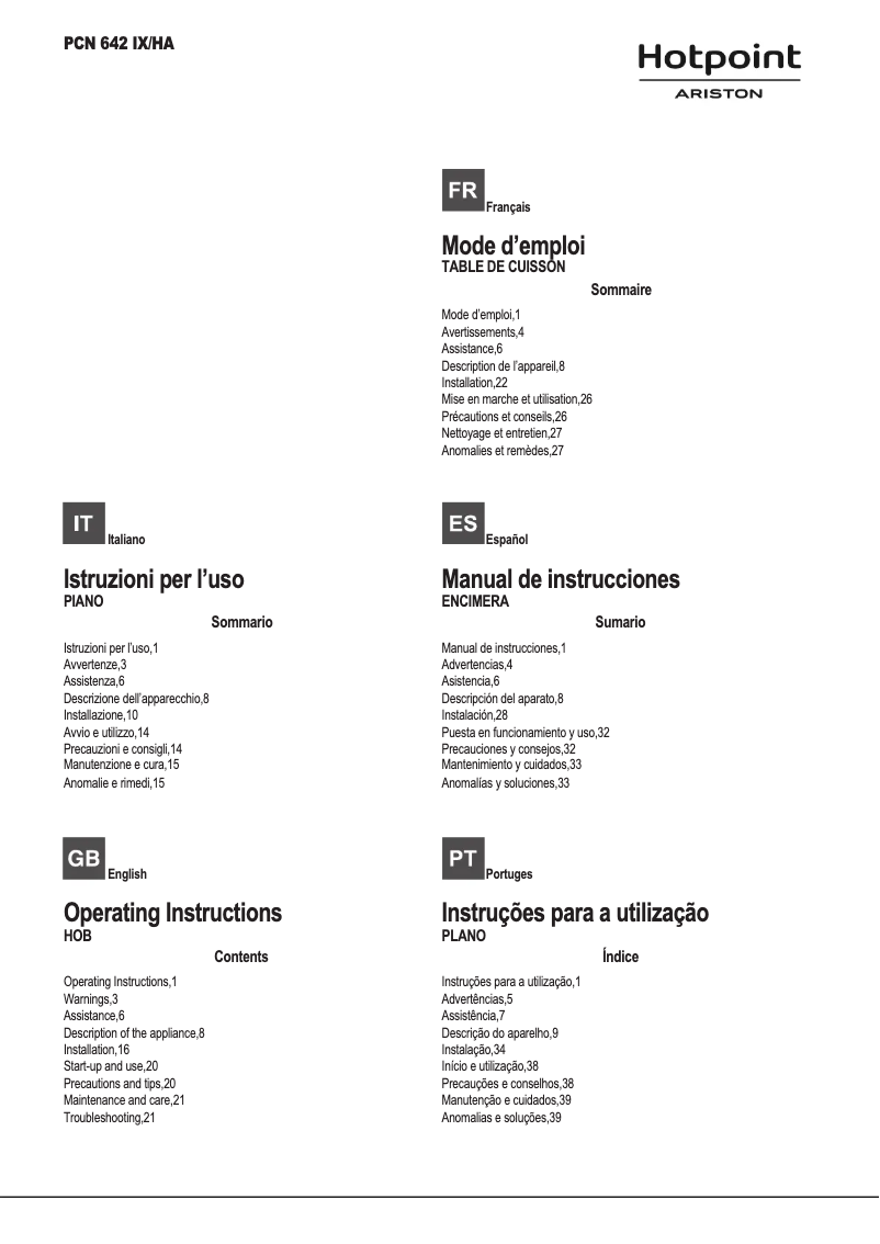 Page n°1 - Manuel utilisateur Hotpoint PCN 642 IX/HA