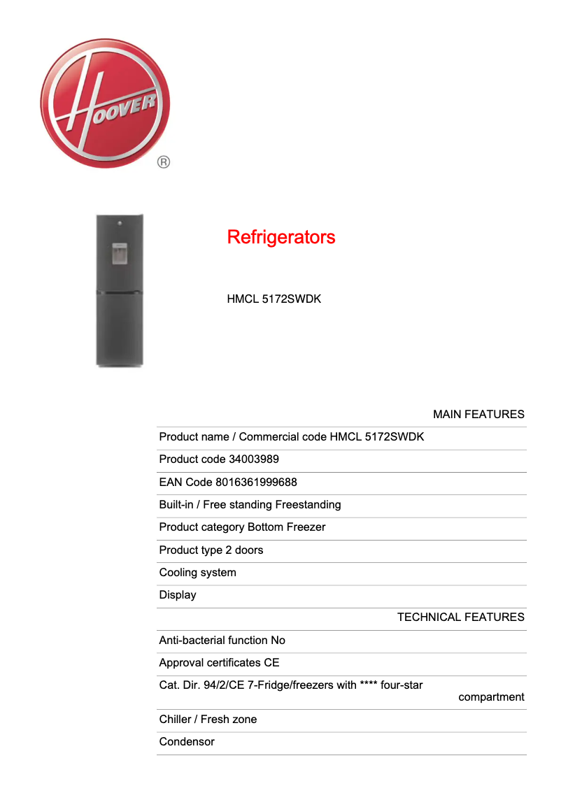 Page 1 de la notice Fiche technique Hoover H-FRIDGE 300 HMCL 5172SWDK