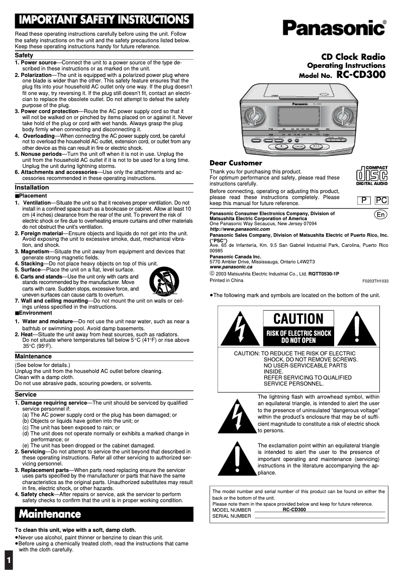 Page n°1 - Manuel utilisateur Panasonic RC-CD300