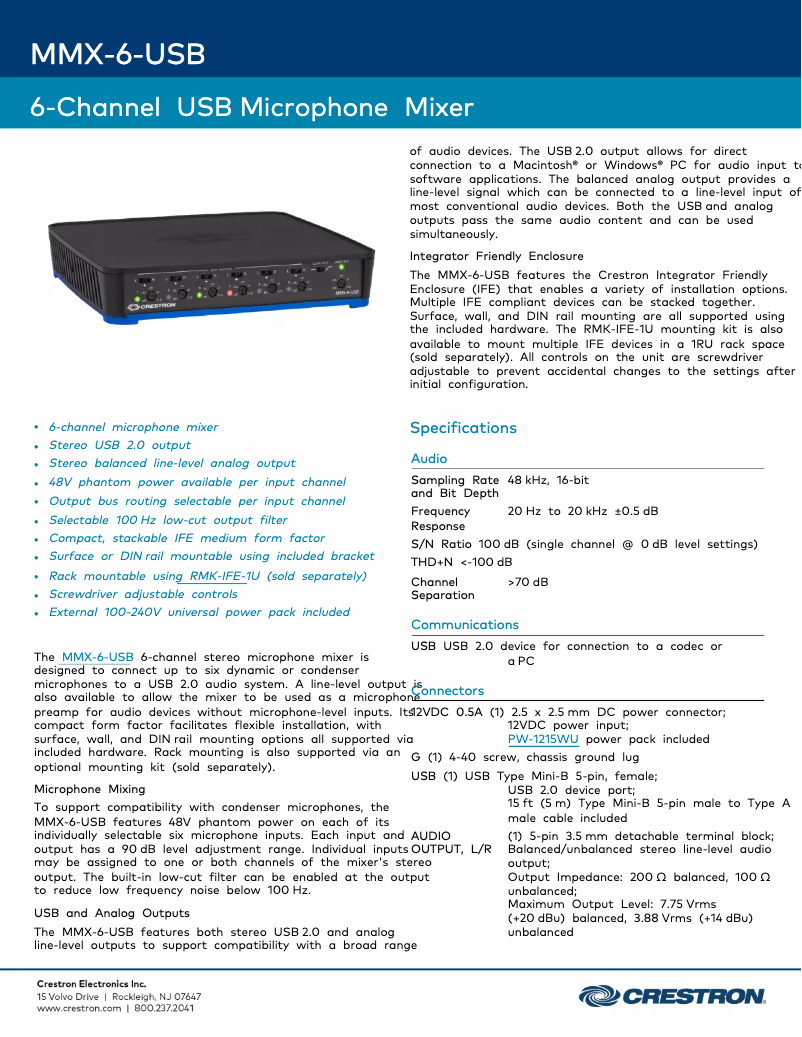 Page n°1 - Fiche technique Crestron MMX-6-USB