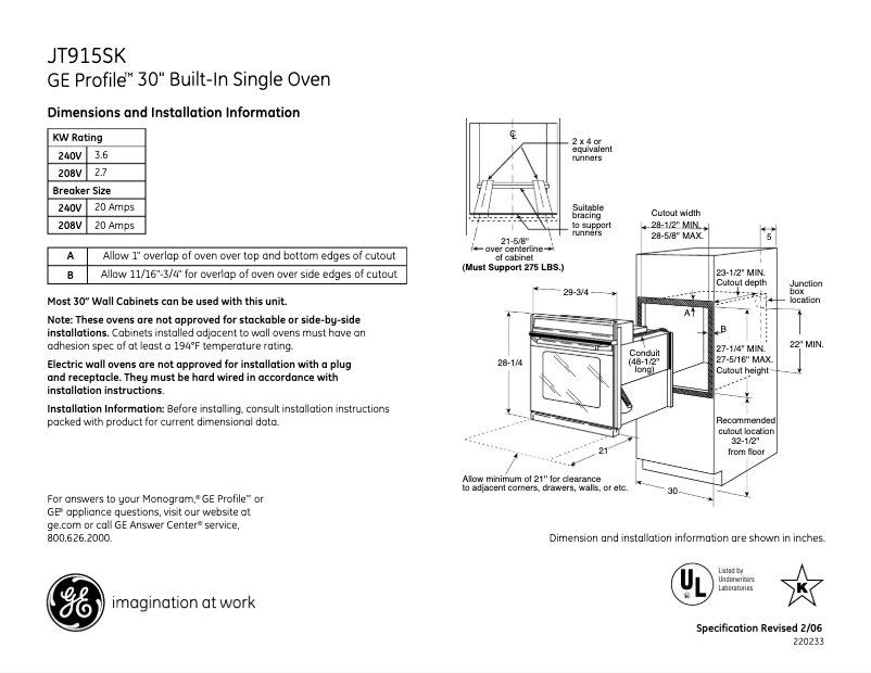 Page 1 de la notice Fiche technique GE Profile JT915SKSS
