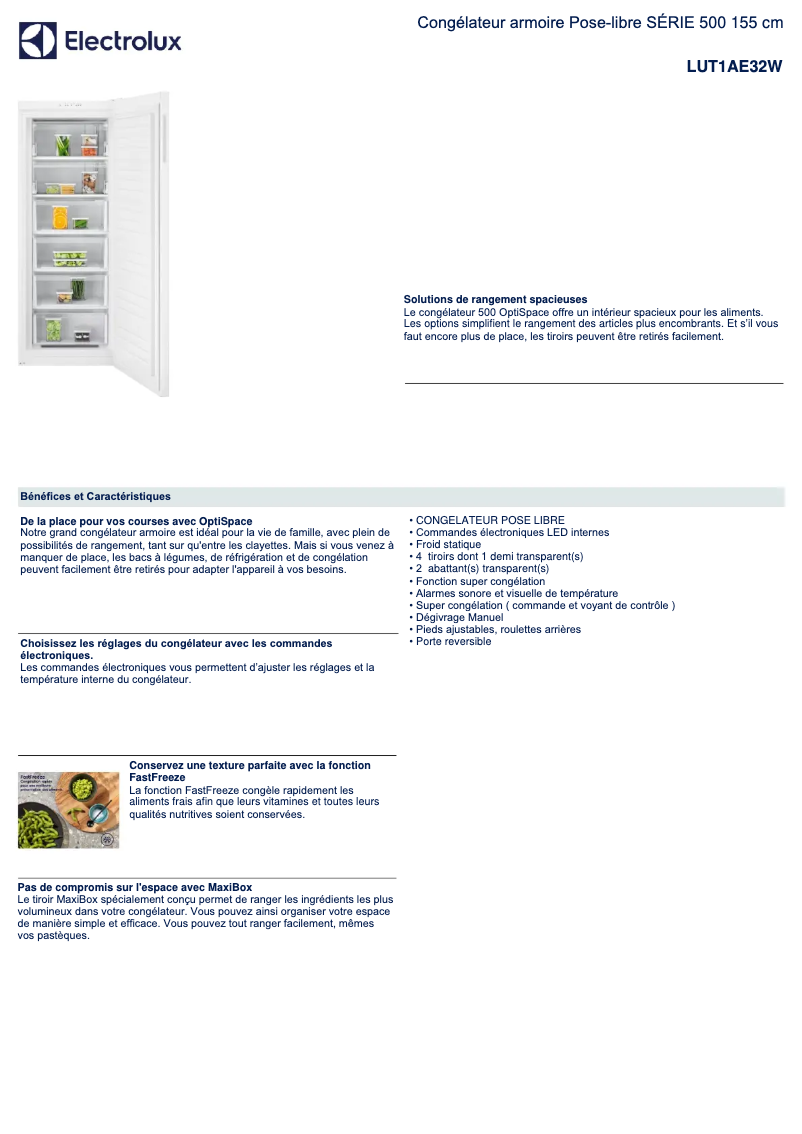 Page 1 de la notice Fiche technique Electrolux LUT1AE32W