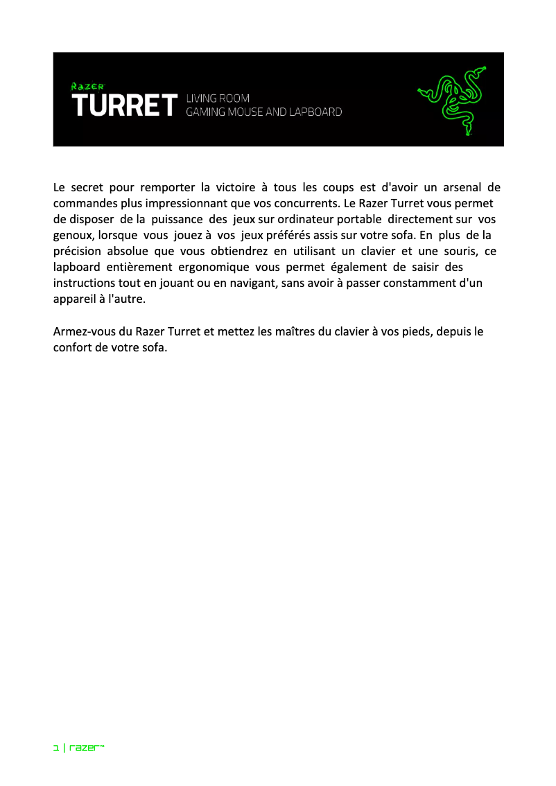 Page 1 de la notice Manuel utilisateur Razer Turret