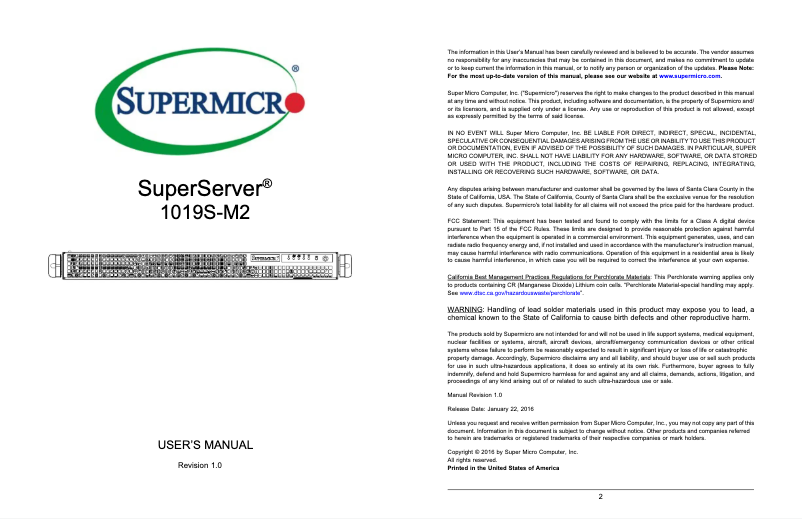 Image de la première page du manuel de l'appareil SuperServer 1019S-M2