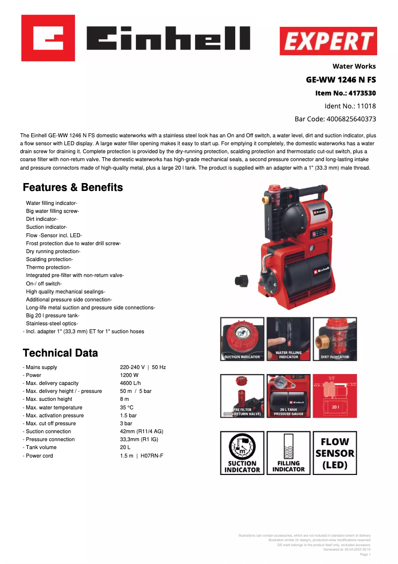 Page n°1 - Fiche technique Einhell GE-WW 1246 N FS