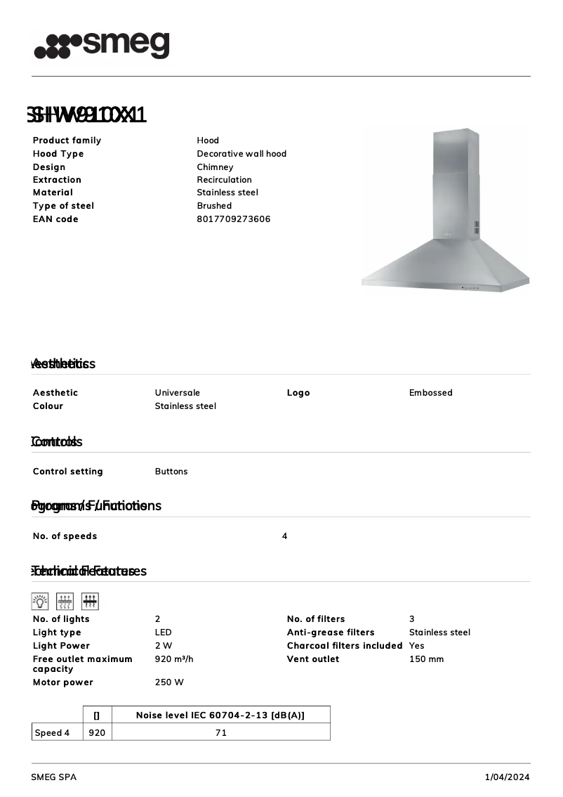 Page n°1 - Fiche technique Smeg SHW910X1