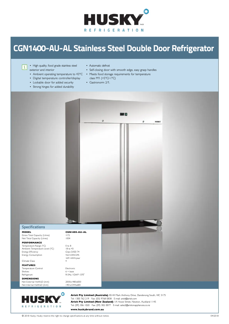 Page 1 de la notice Fiche technique Husky CGN1400-AL