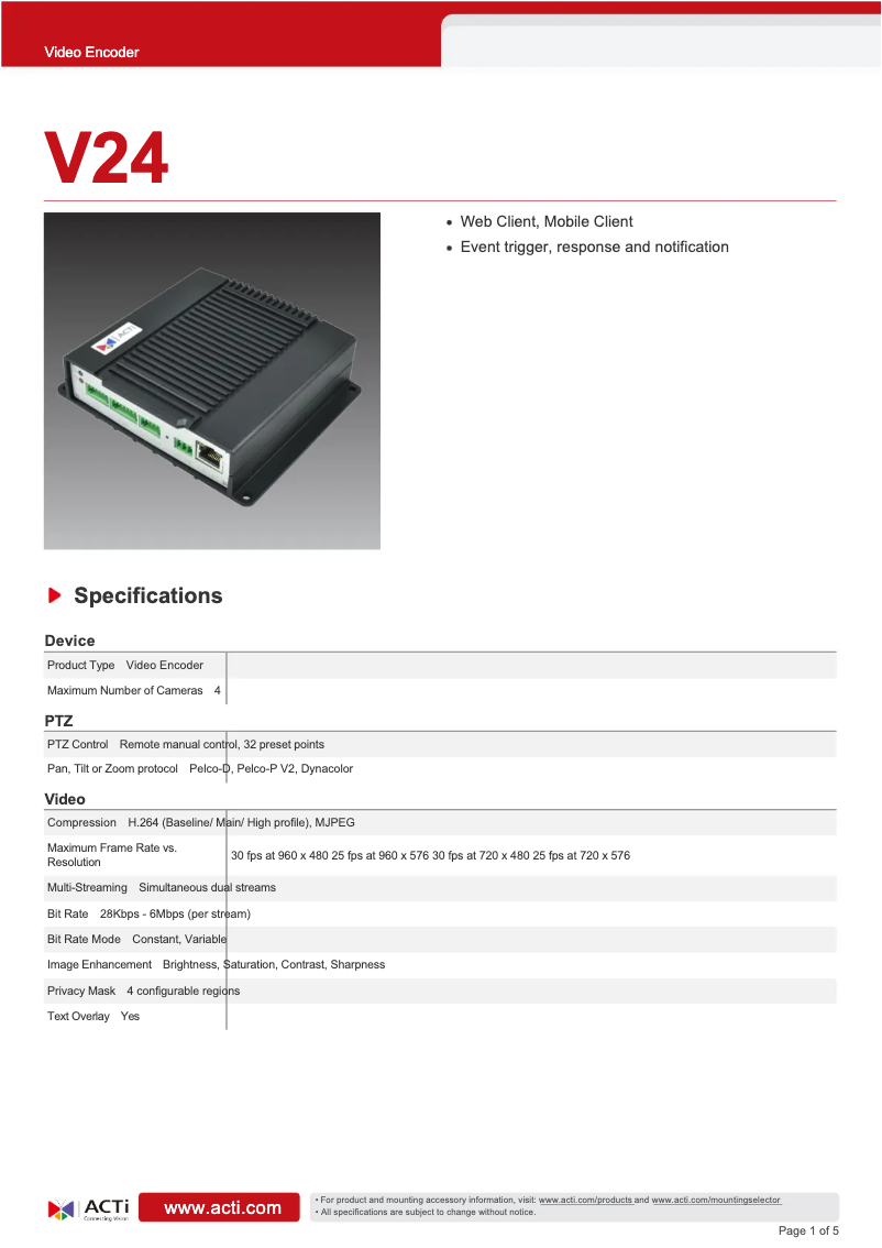 Page n°1 - Fiche technique ACTi V24