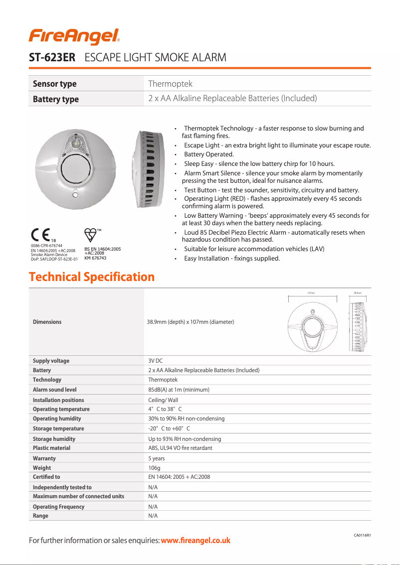 Page 1 de la notice Fiche technique FireAngel ST-623E