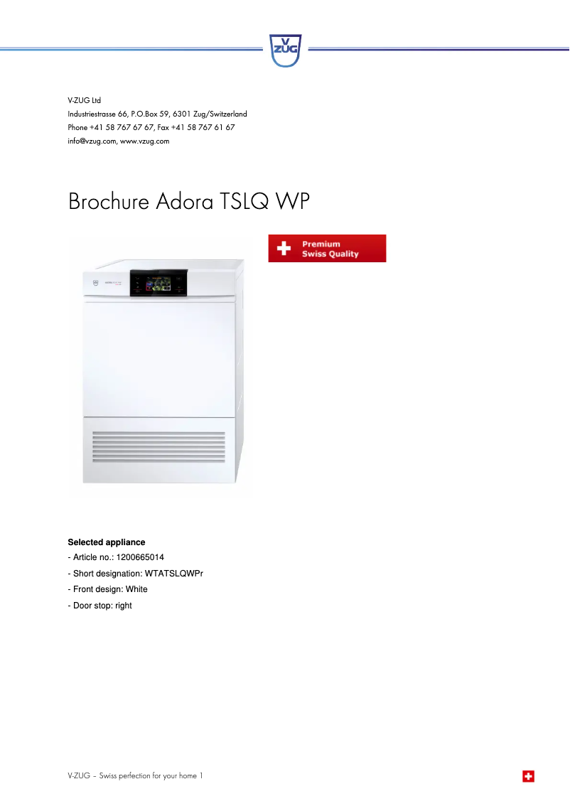 Page n°1 - Fiche technique V-Zug Adora TSLQ WP