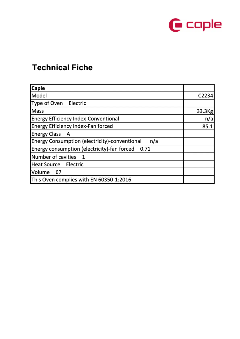 Page 1 de la notice Fiche technique Caple C2234
