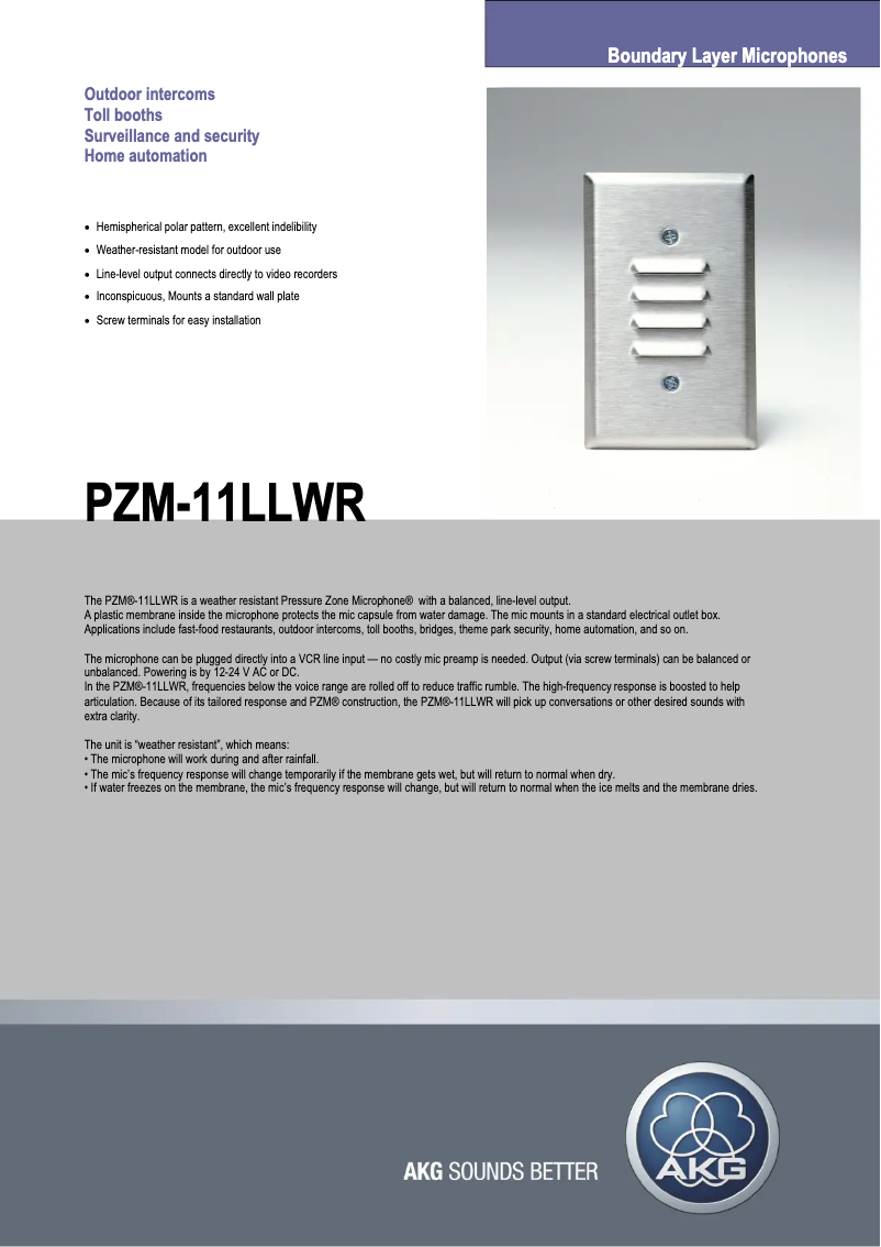 Page n°1 - Fiche technique AKG PZM-11LLWR