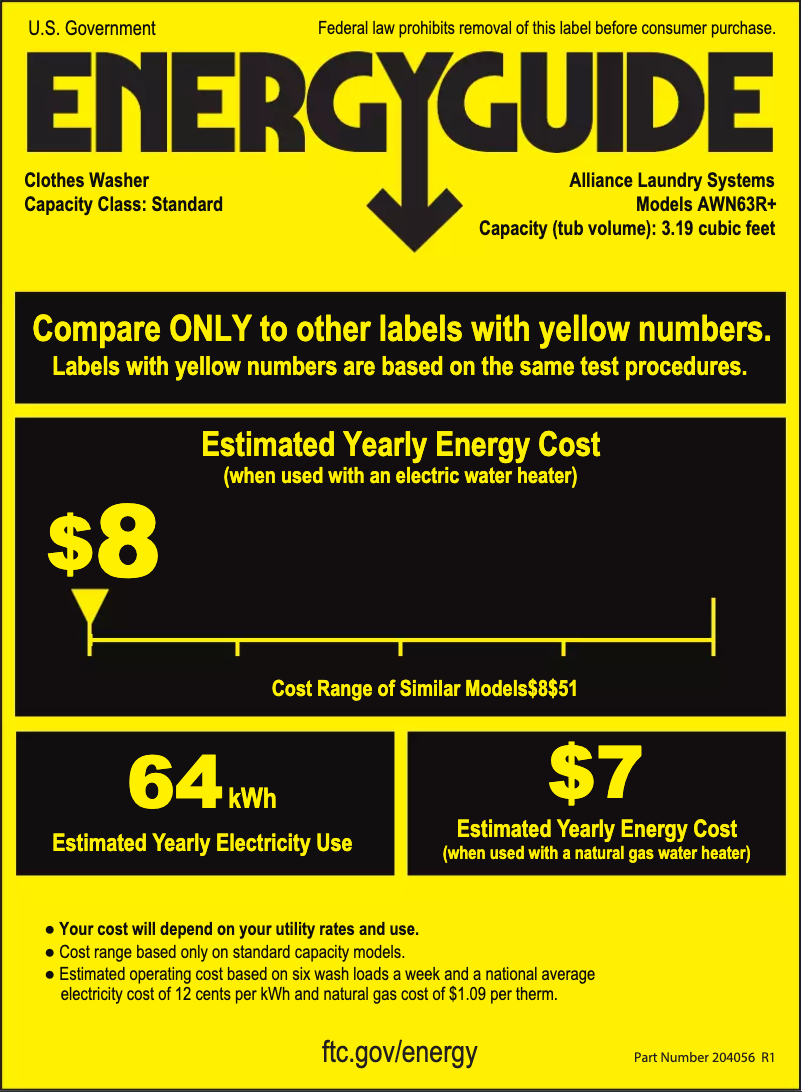 Page 1 de la notice Label énergétique Speed Queen AWN63RSN115TW01