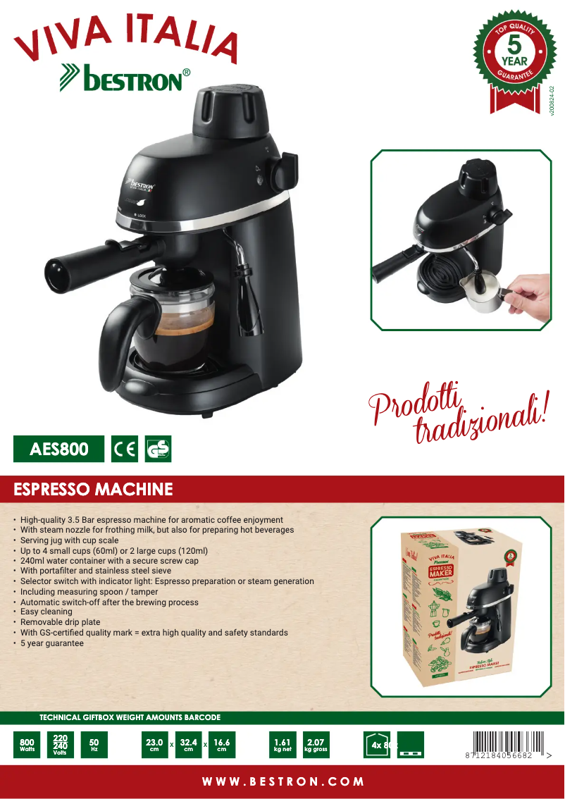 Page 1 de la notice Fiche technique Bestron Viva Italia AES800