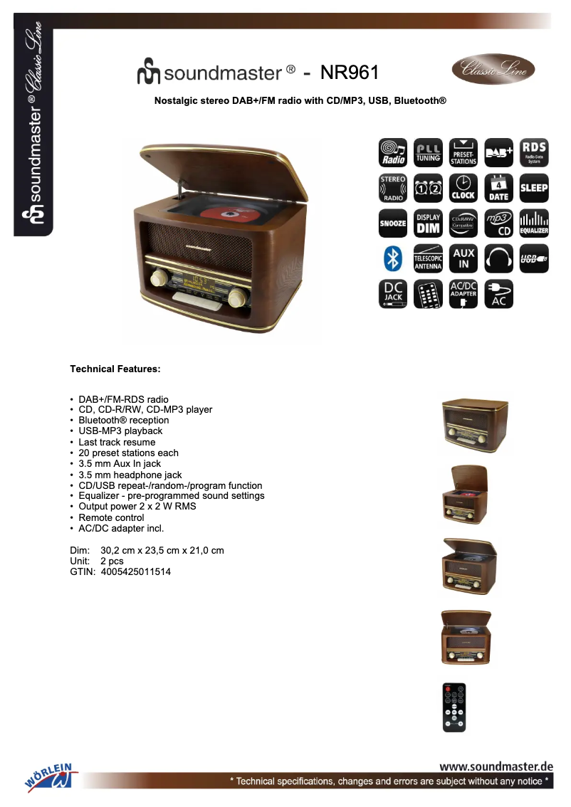 Página 1 del manual Ficha técnica Soundmaster NR961
