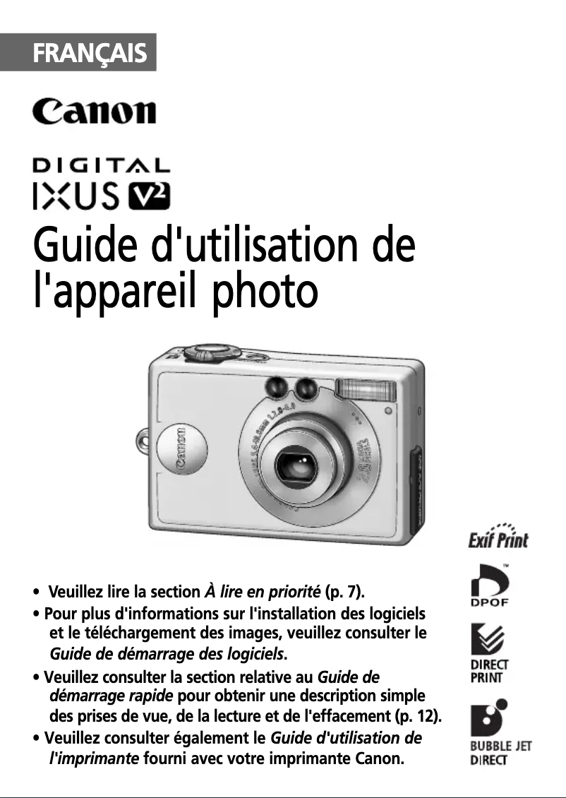 Page 1 de la notice Manuel utilisateur Canon Digital IXUS V2