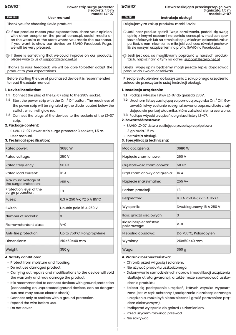 Página 1 del manual Manual de usuario Savio LZ-07