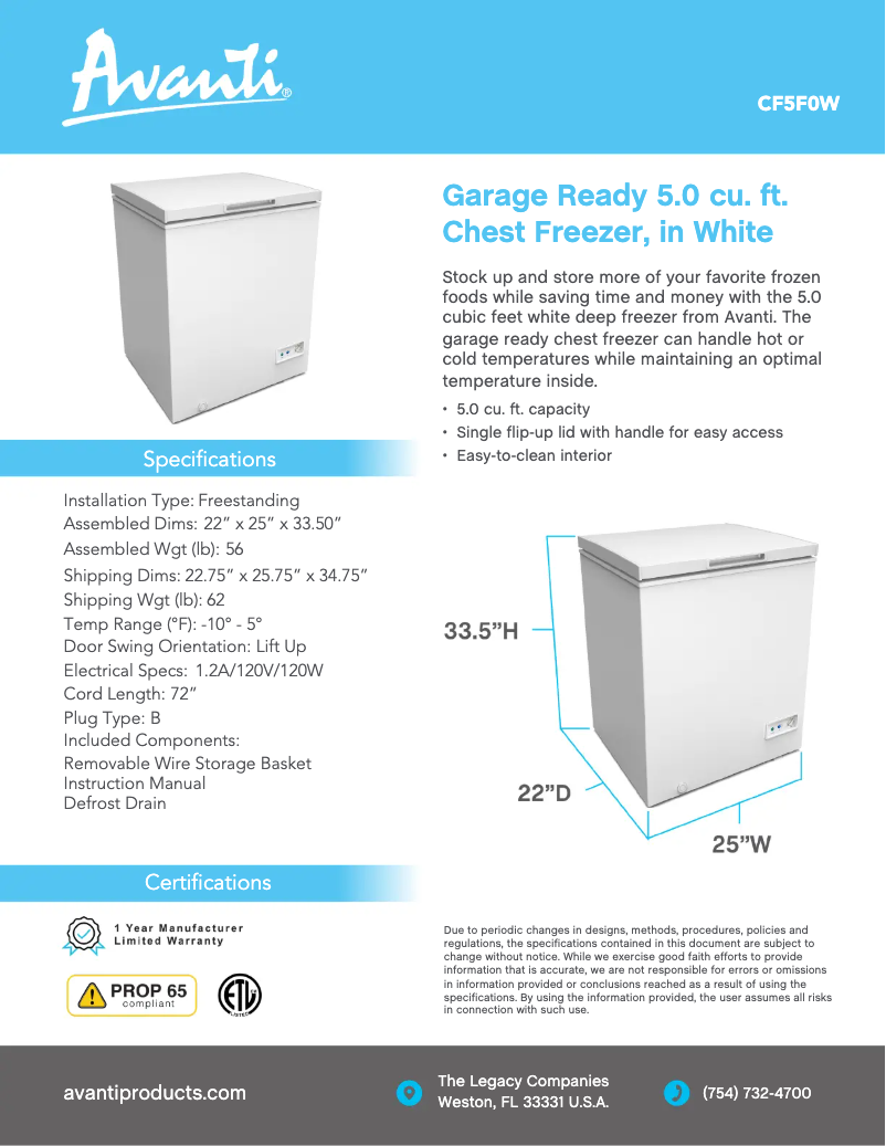 Page 1 de la notice Fiche technique Avanti CF5F0W