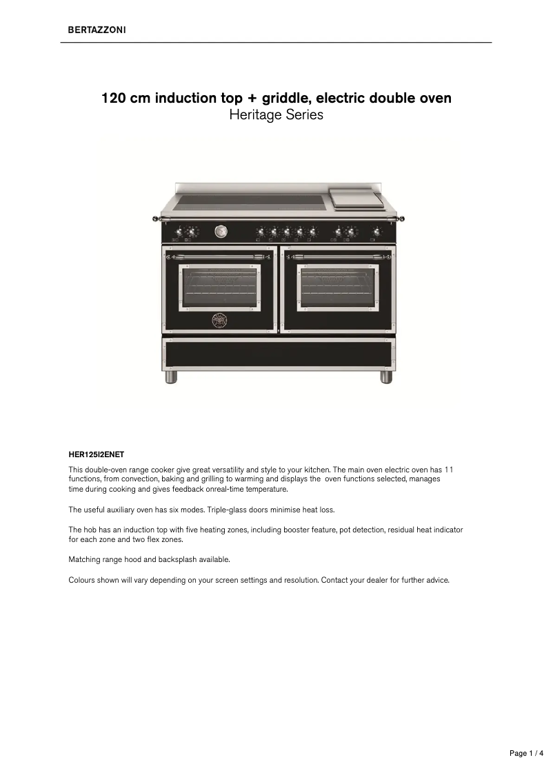 Page 1 de la notice Fiche technique Bertazzoni HER125I2ENET