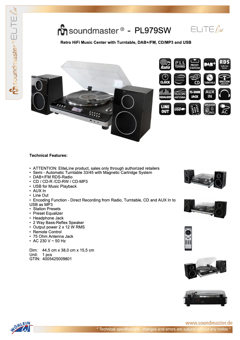Page 1 de la notice Fiche technique Soundmaster PL979