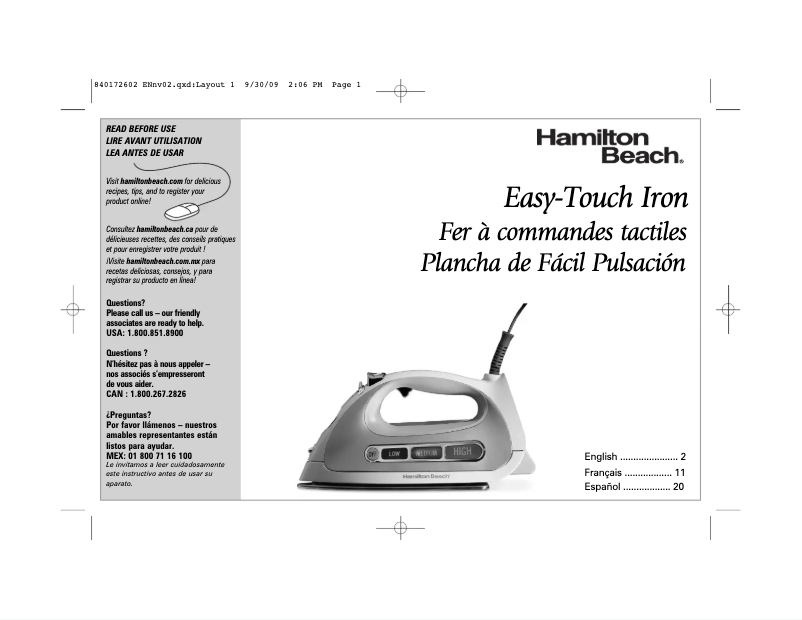 Page 1 de la notice Manuel utilisateur Hamilton Beach Easy Touch 14413
