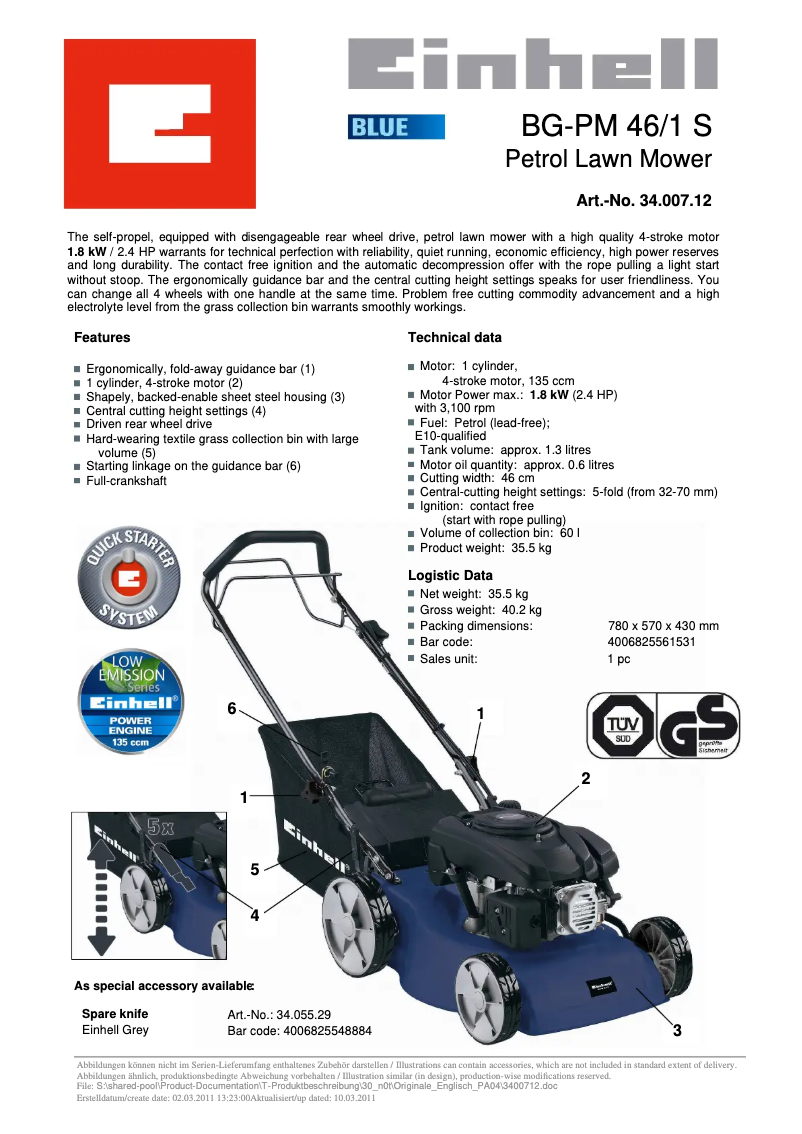 Page 1 de la notice Fiche technique Einhell BG-PM 46/1 S